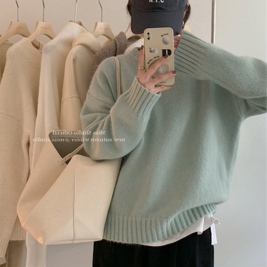 Lazy Style Solid Color Versatile Outer Wear Wool Knit Sweater